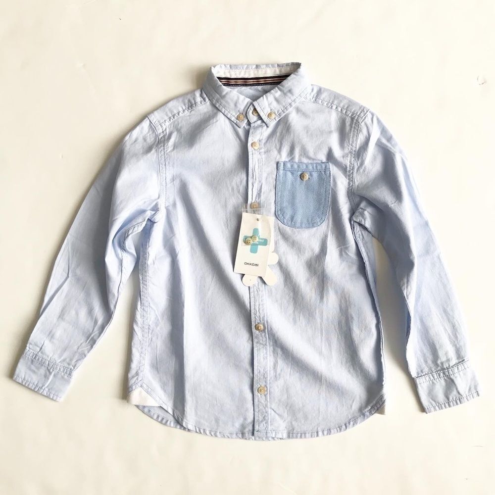 Okkoai NWT blue button down dress shirt 5/6Y